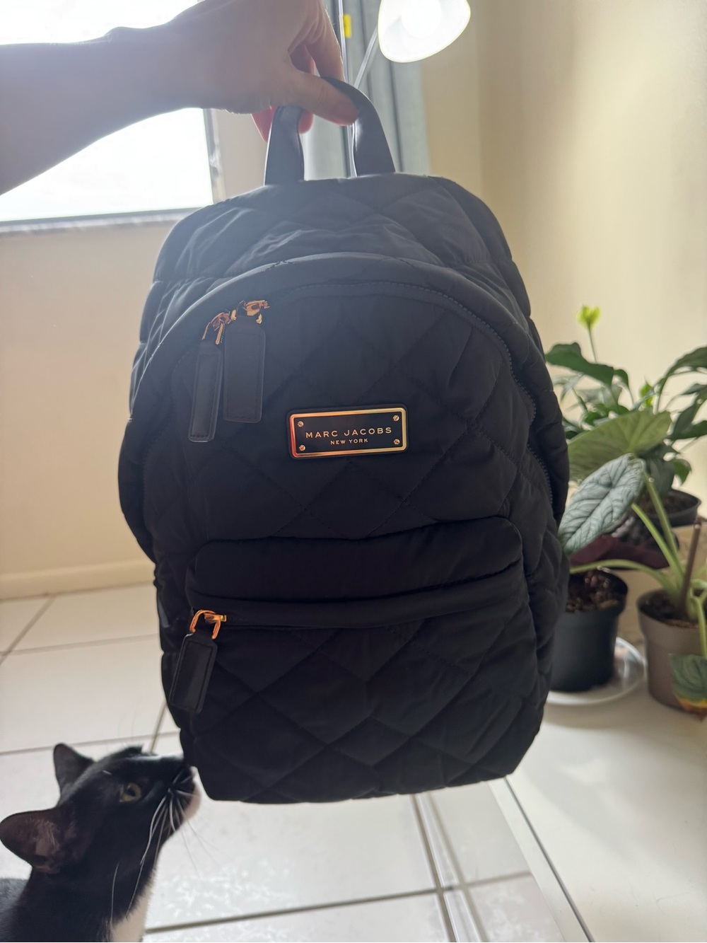 Marc Jacobs Black Quilted Backpack with Gold Plaque